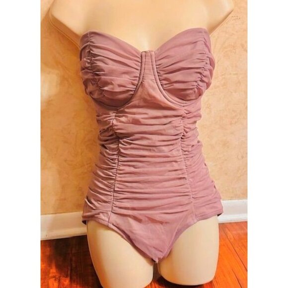 J Crew Retro Mauve Ruched Bandeau Resort Strapless One Piece Swimsuit D-Cup Sz 6 - Picture 1 of 7